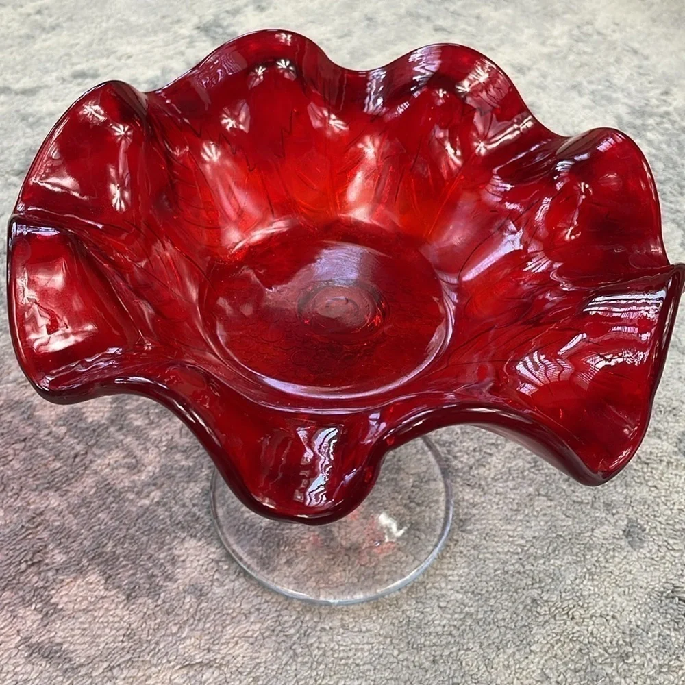 Red Leaf Imprint Ruffled Footed Glass Candy Dish Stand Clear
